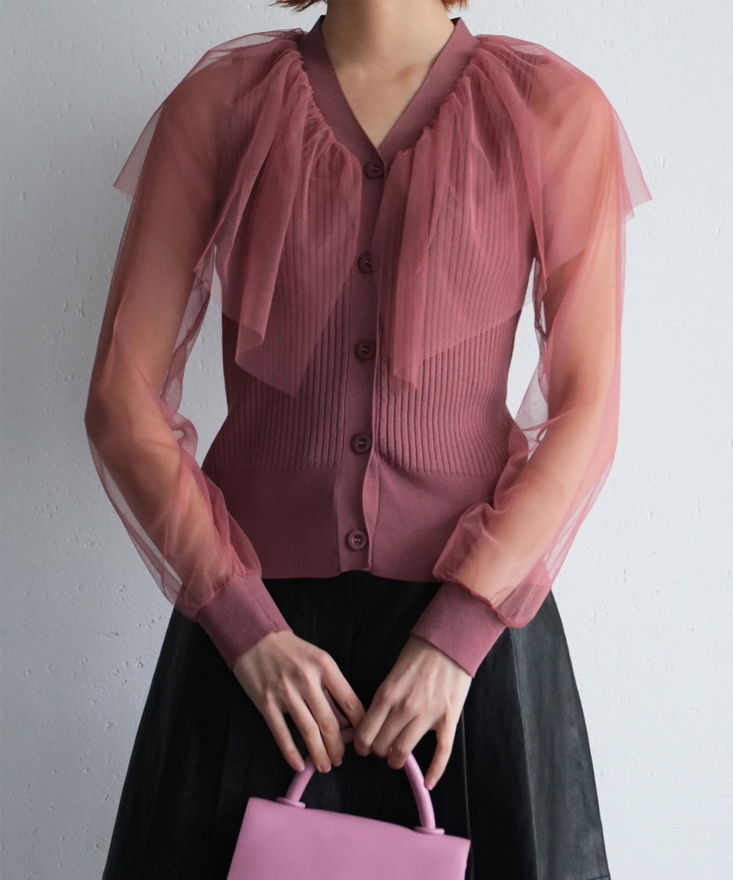 チュールスリーブ×リブニットの異素材ドッキングカーディガンsdpxyf6023 エンジ