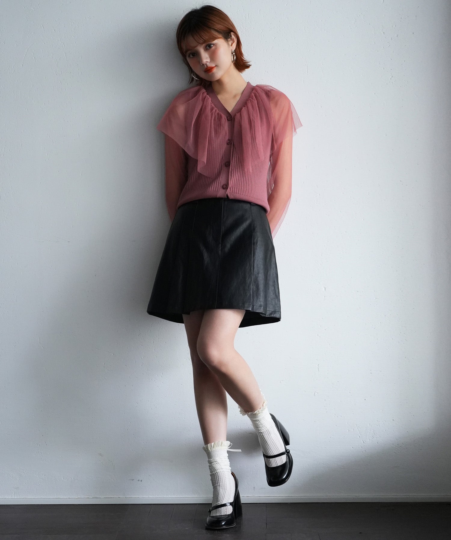 チュールスリーブ×リブニットの異素材ドッキングカーディガンsdpxyf6023 エンジ