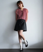 チュールスリーブ×リブニットの異素材ドッキングカーディガンsdpxyf6023 エンジ