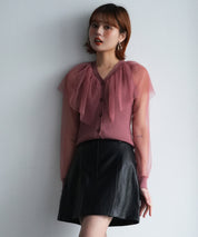 チュールスリーブ×リブニットの異素材ドッキングカーディガンsdpxyf6023 エンジ