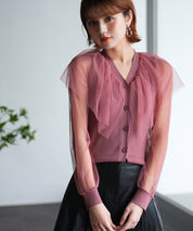 チュールスリーブ×リブニットの異素材ドッキングカーディガンsdpxyf6023 エンジ