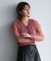 チュールスリーブ×リブニットの異素材ドッキングカーディガンsdpxyf6023 エンジ