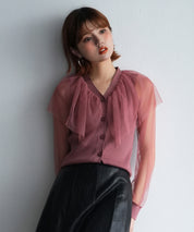 チュールスリーブ×リブニットの異素材ドッキングカーディガンsdpxyf6023 エンジ