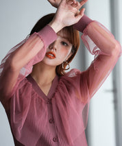 チュールスリーブ×リブニットの異素材ドッキングカーディガンsdpxyf6023 エンジ