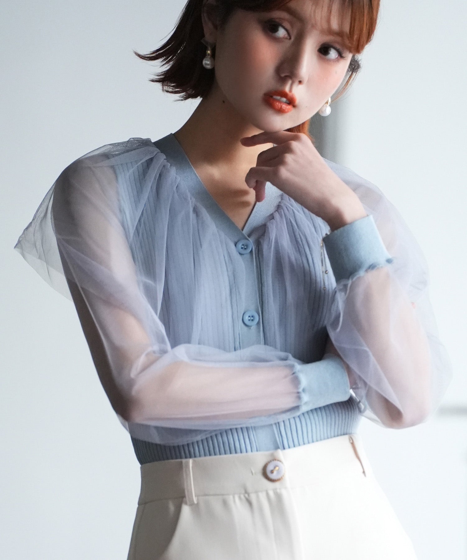 チュールスリーブ×リブニットの異素材ドッキングカーディガンsdpxyf6023 ブルー