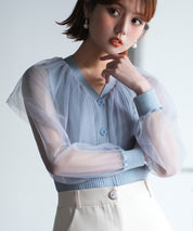 チュールスリーブ×リブニットの異素材ドッキングカーディガンsdpxyf6023 ブルー