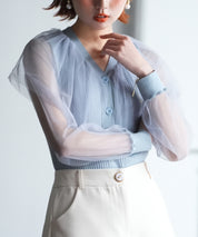 チュールスリーブ×リブニットの異素材ドッキングカーディガンsdpxyf6023 ブルー