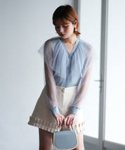 チュールスリーブ×リブニットの異素材ドッキングカーディガンsdpxyf6023 ブルー