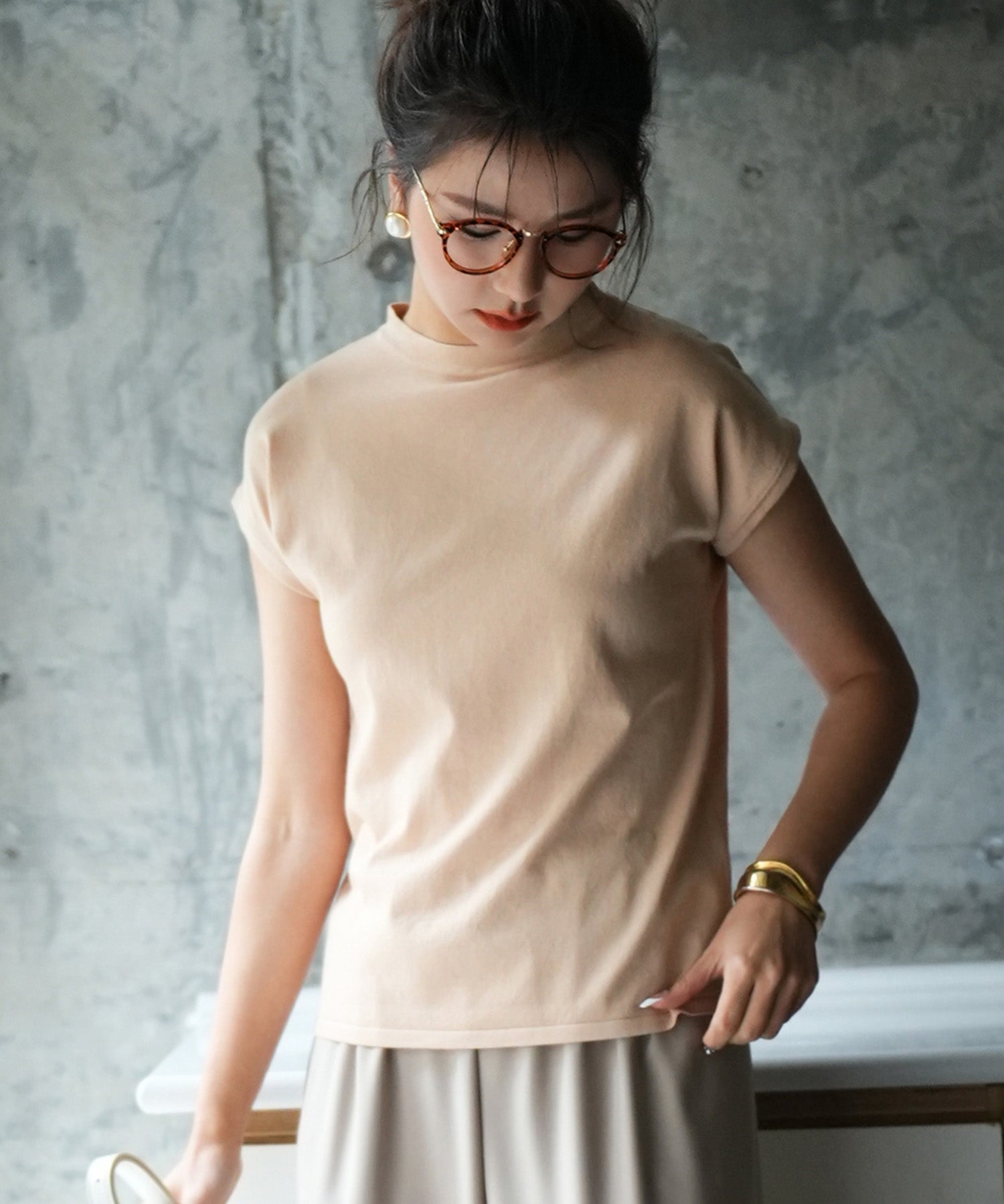 【接触冷感】ベーシックフレンチスリーブサマーニットsdpxyf6032 ベージュ