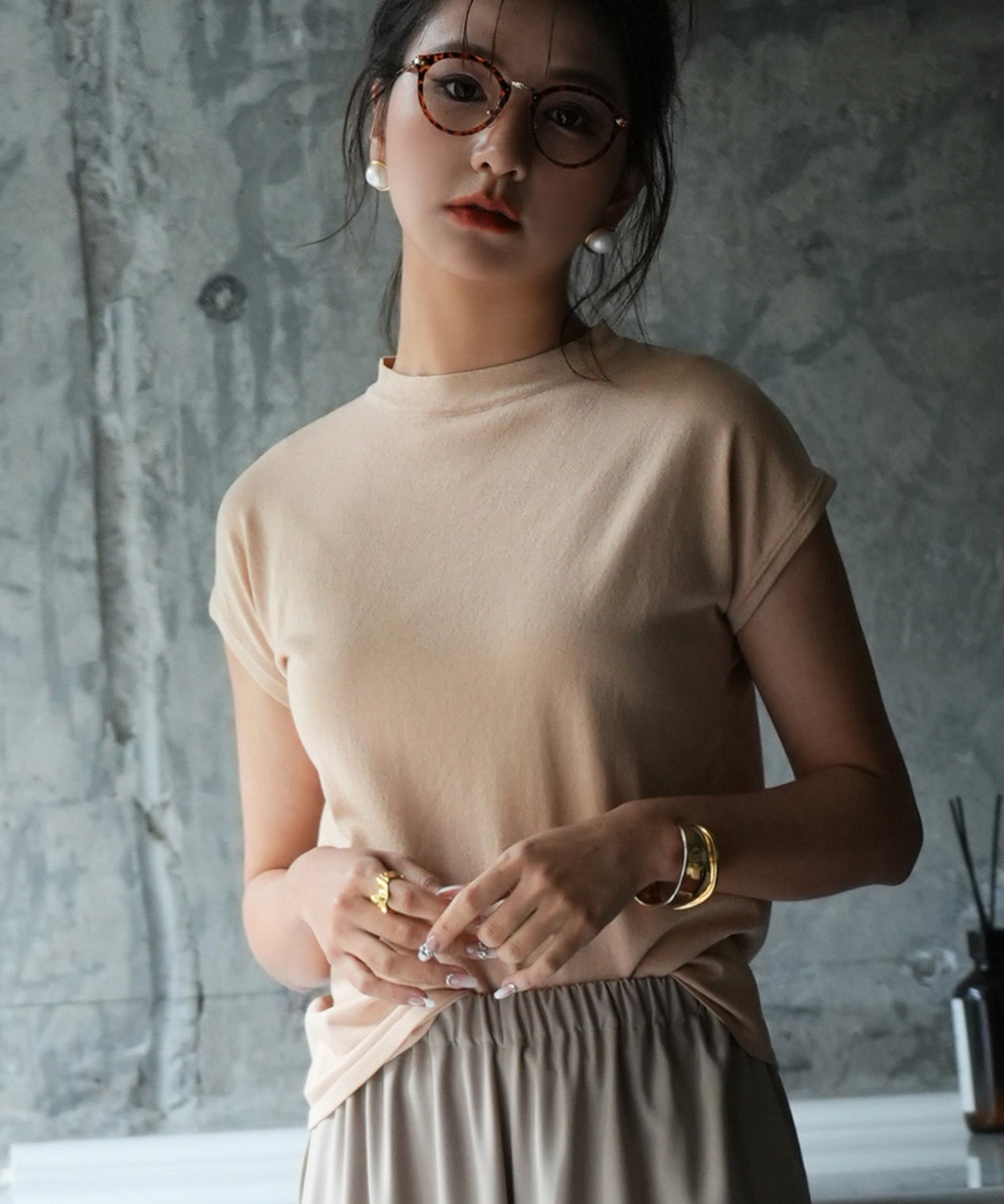 【接触冷感】ベーシックフレンチスリーブサマーニットsdpxyf6032 ベージュ