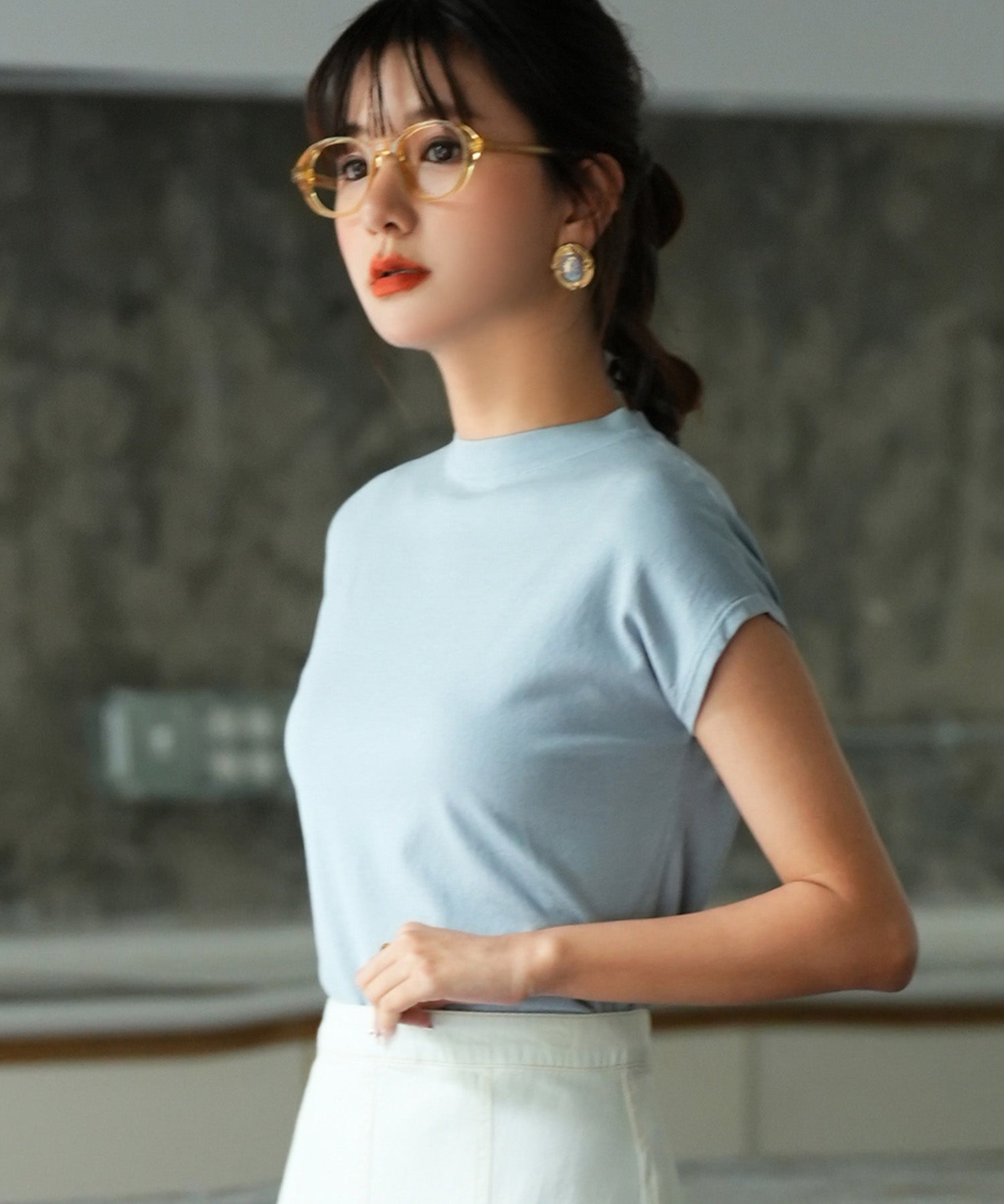 【接触冷感】ベーシックフレンチスリーブサマーニットsdpxyf6032 ブルー