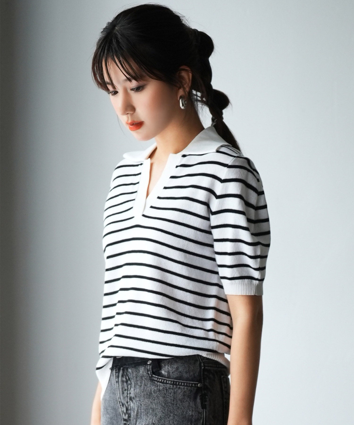 衿付きボリュームスリーブサマーニットsdpxyf6036 ブラック系その他1