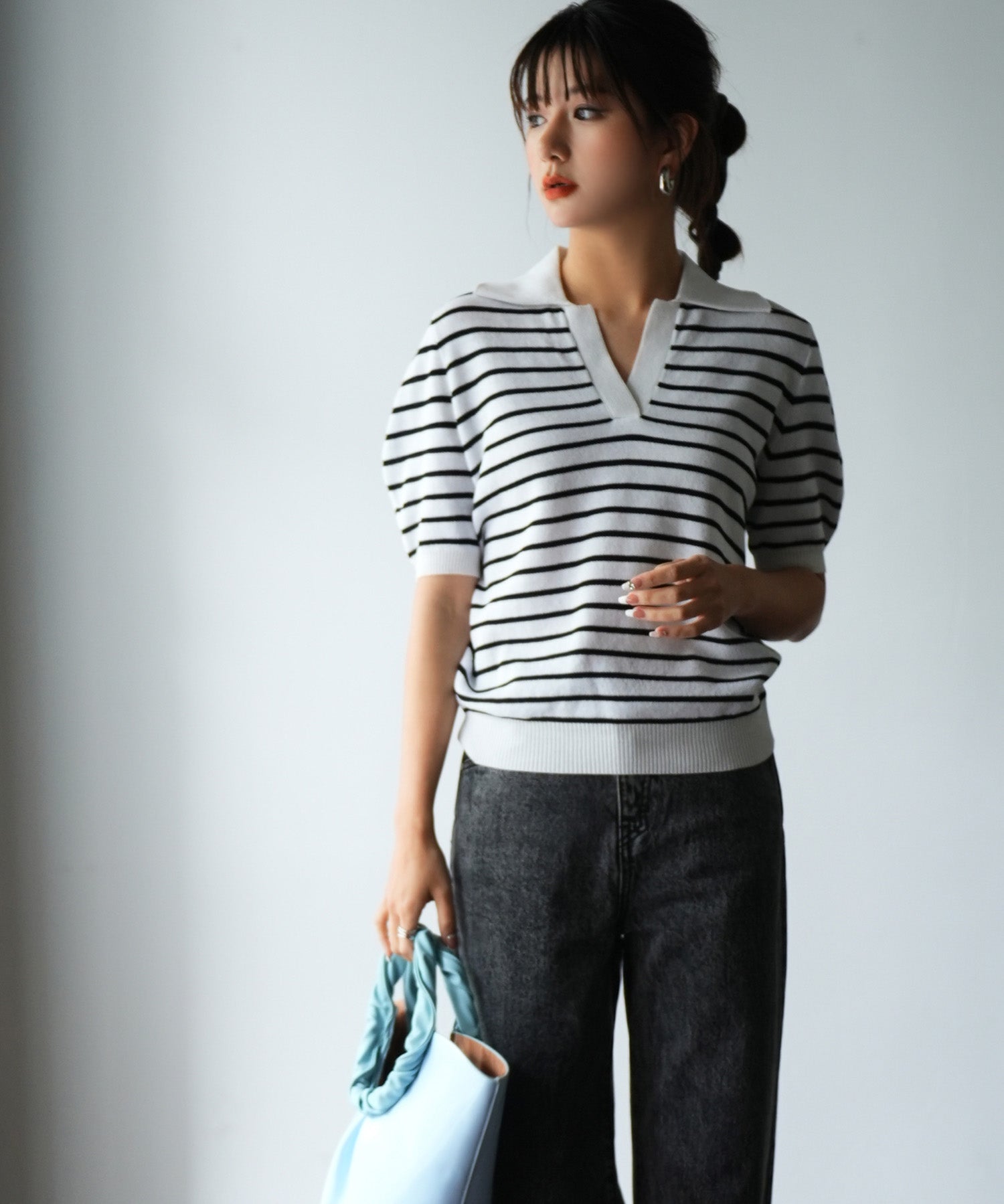 衿付きボリュームスリーブサマーニットsdpxyf6036 ブラック系その他1