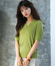 衿付きボリュームスリーブサマーニットsdpxyf6036 グリーン