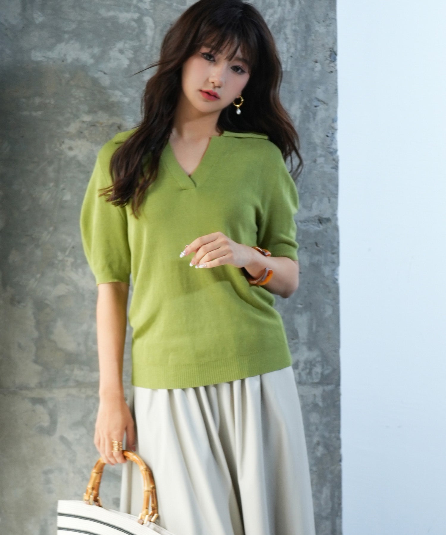 衿付きボリュームスリーブサマーニットsdpxyf6036 グリーン