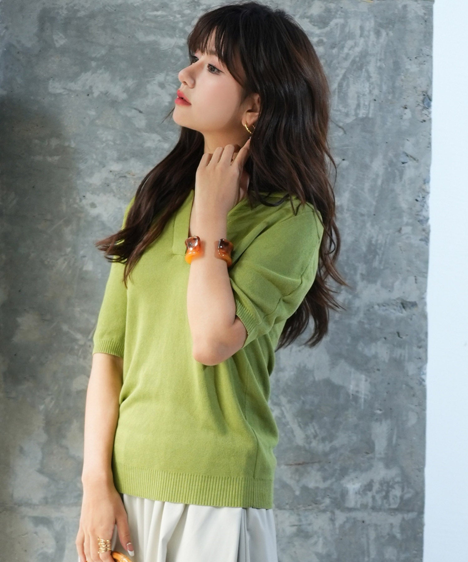 衿付きボリュームスリーブサマーニットsdpxyf6036 グリーン