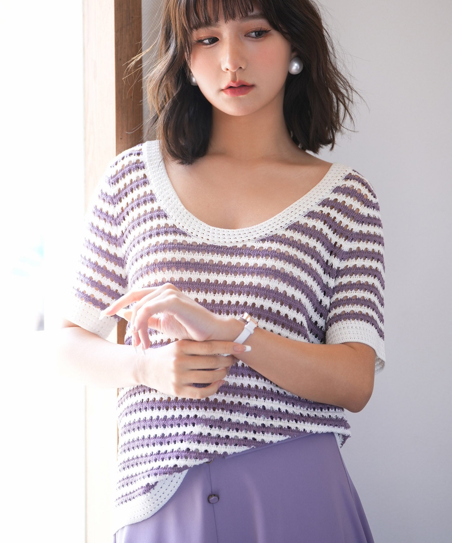 クープネックボーダーサマーニットsdpxyf6050 パープル