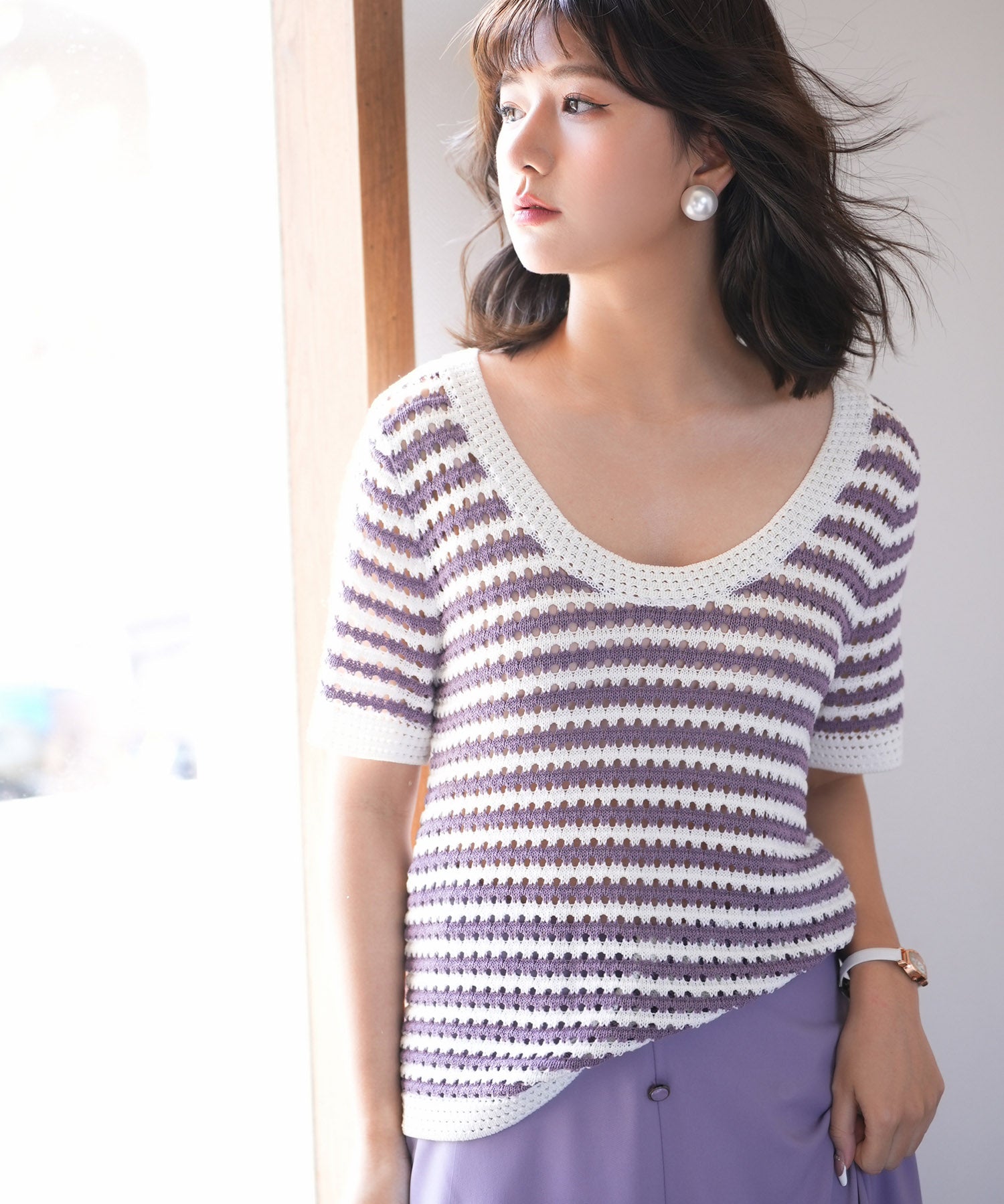 クープネックボーダーサマーニットsdpxyf6050 パープル