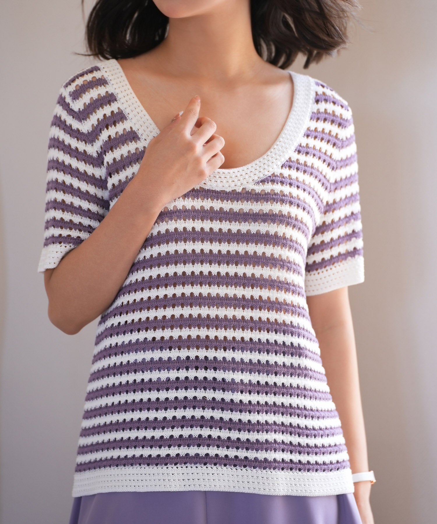 クープネックボーダーサマーニットsdpxyf6050 パープル