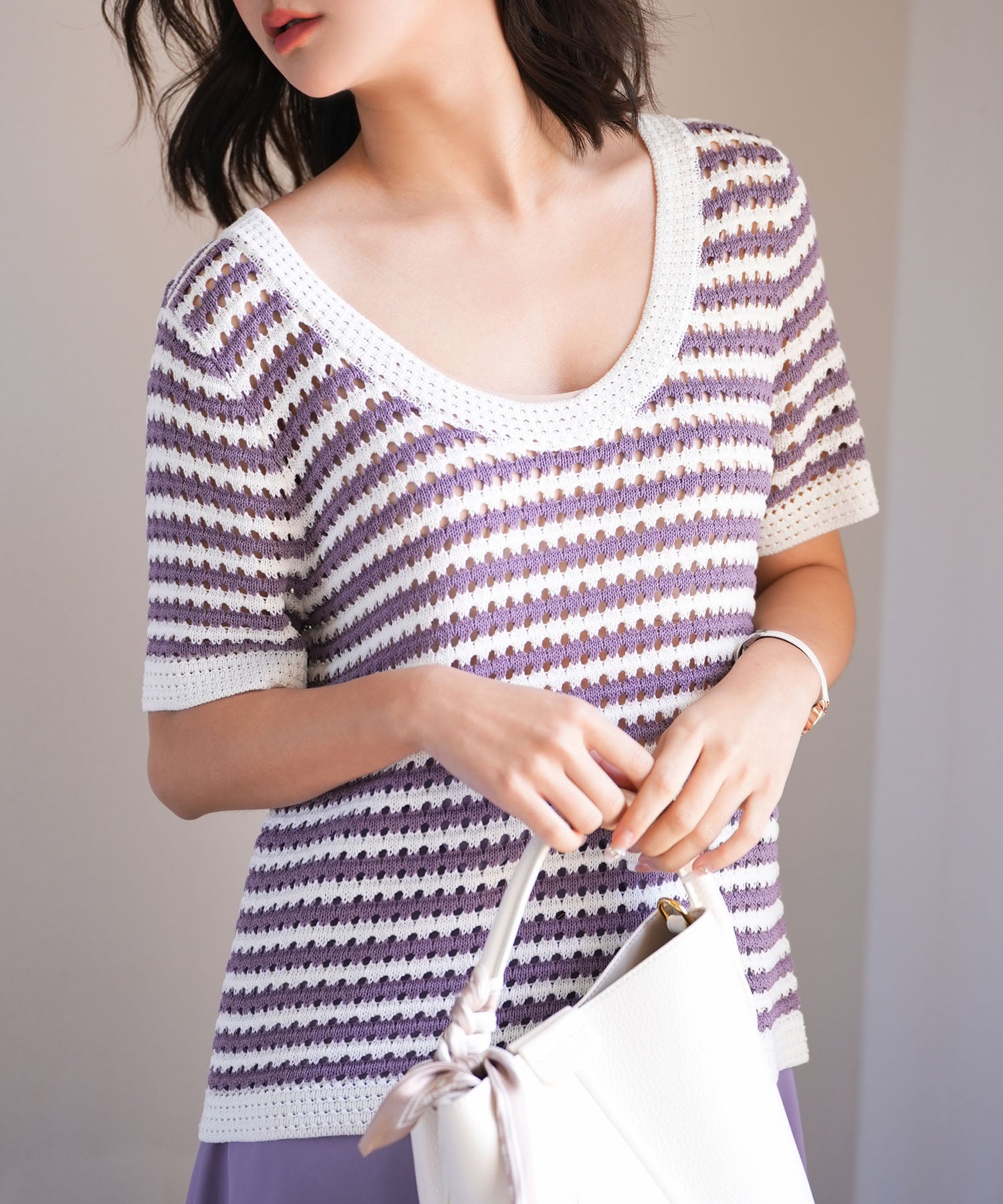 クープネックボーダーサマーニットsdpxyf6050 パープル