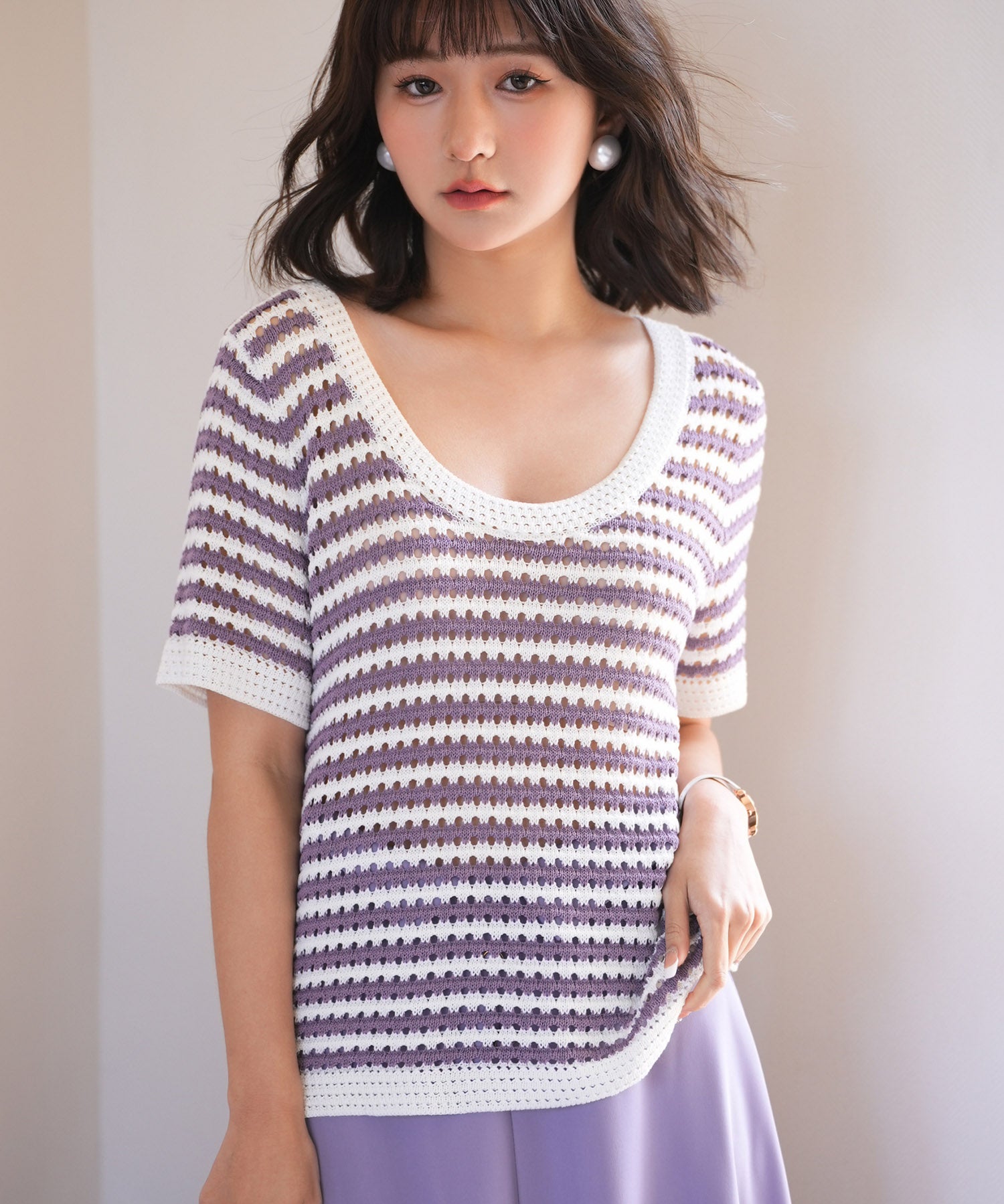 クープネックボーダーサマーニットsdpxyf6050 パープル