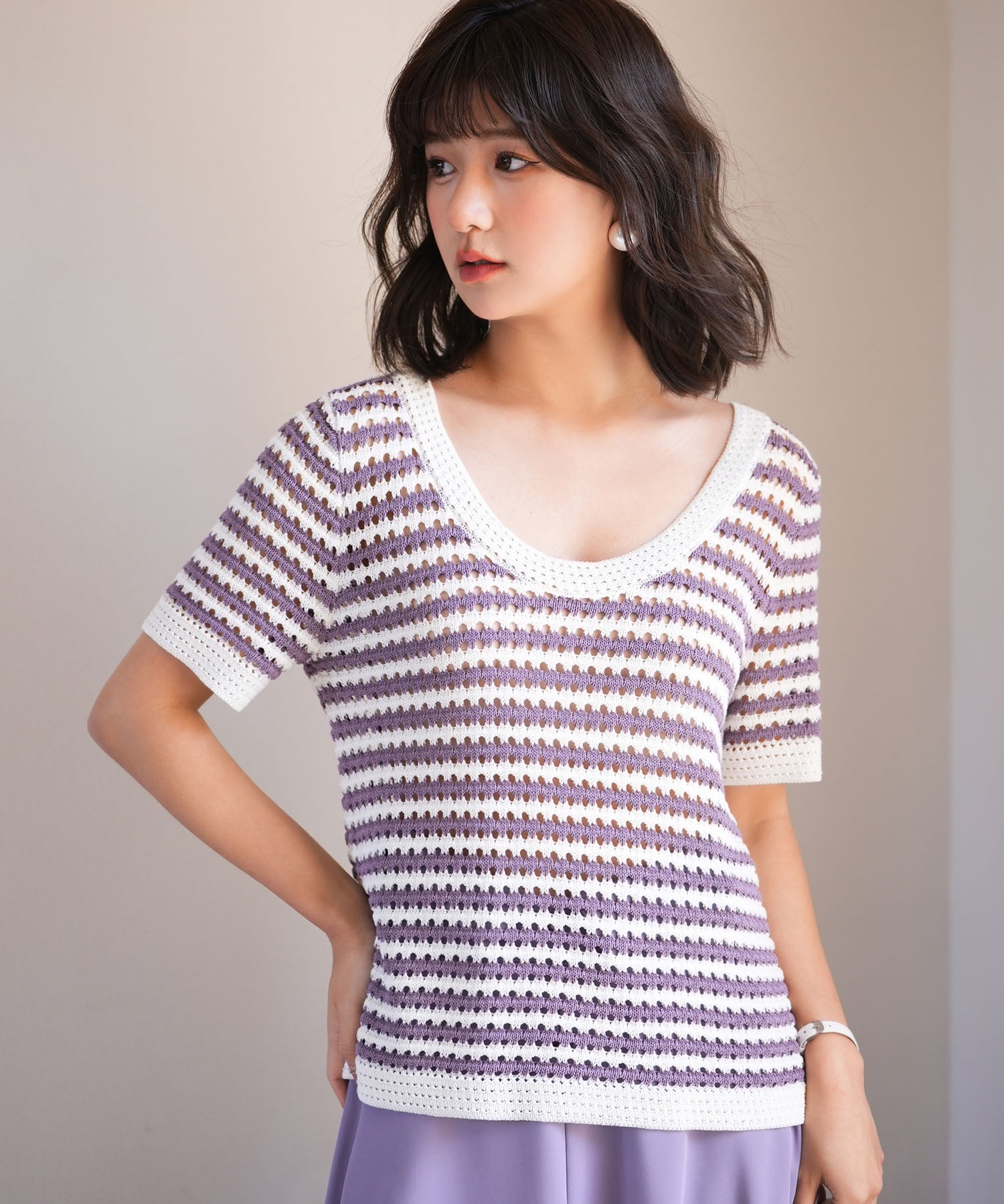 クープネックボーダーサマーニットsdpxyf6050 パープル