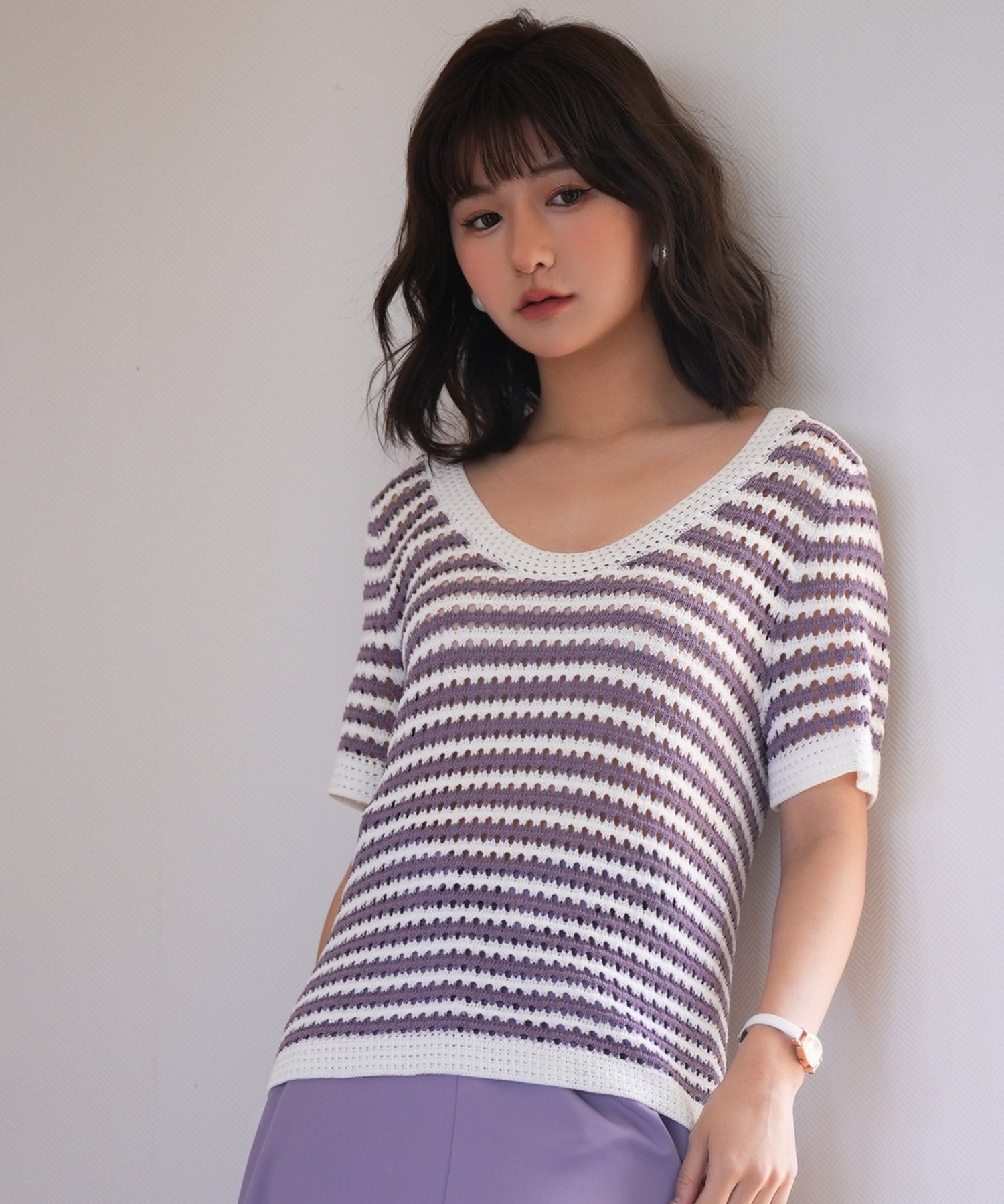 クープネックボーダーサマーニットsdpxyf6050 パープル