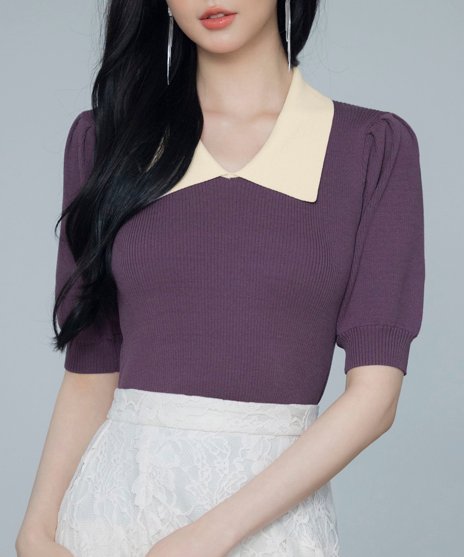 配色カラー二の腕カバーパフスリーブニットプルオーバーsdpxyf6051 パープル