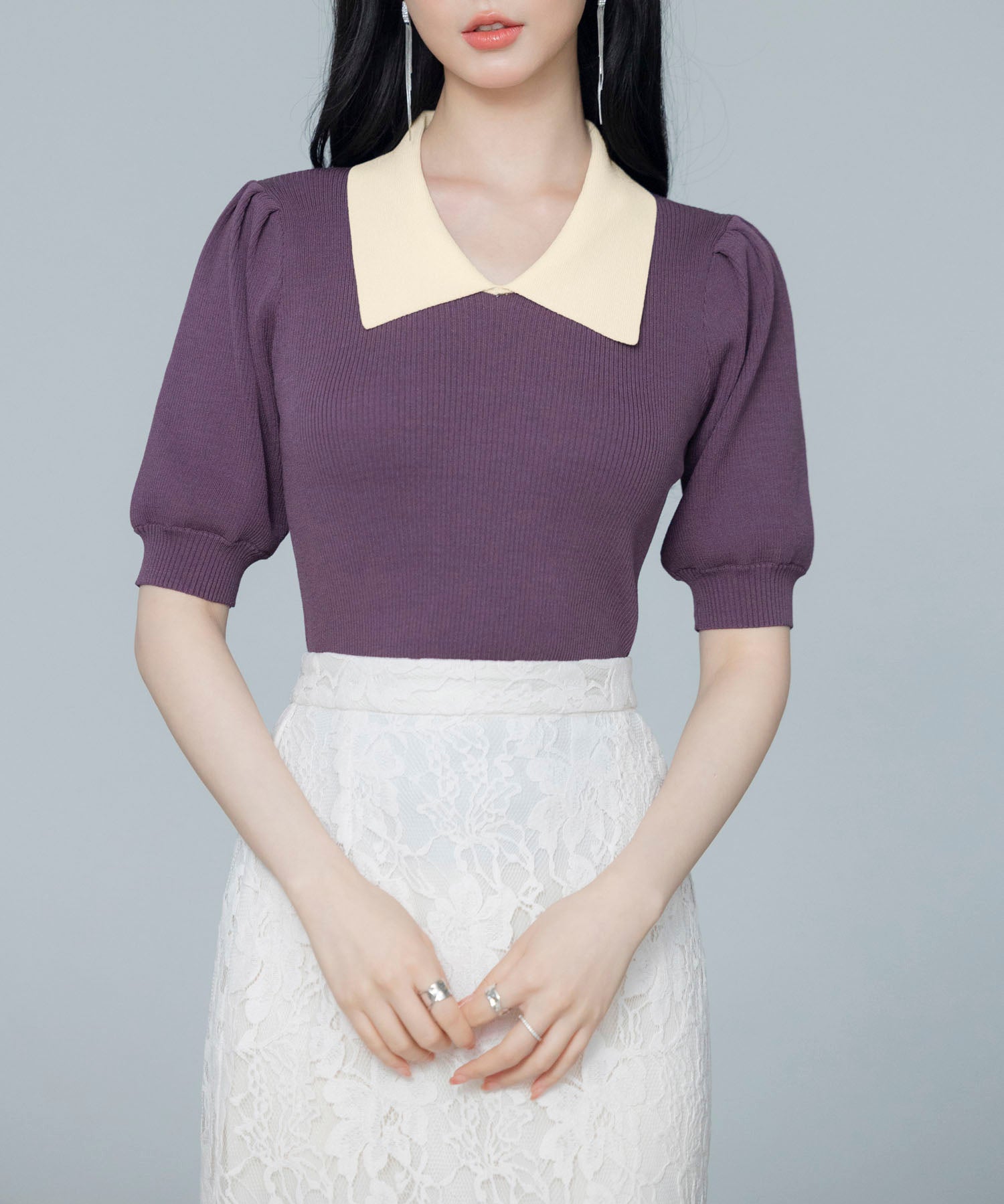 配色カラー二の腕カバーパフスリーブニットプルオーバーsdpxyf6051 パープル