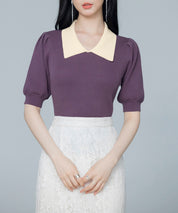 配色カラー二の腕カバーパフスリーブニットプルオーバーsdpxyf6051 パープル