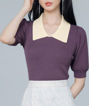 配色カラー二の腕カバーパフスリーブニットプルオーバーsdpxyf6051 パープル