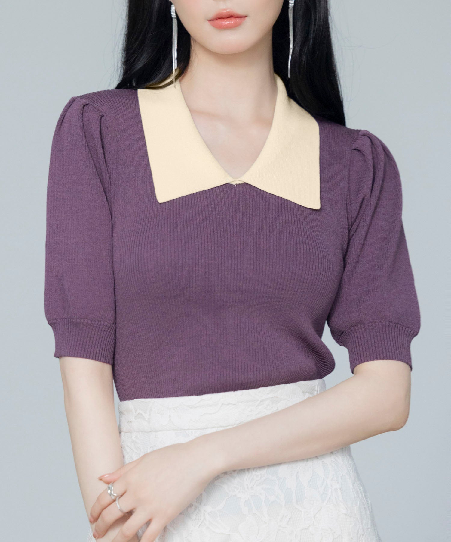 配色カラー二の腕カバーパフスリーブニットプルオーバーsdpxyf6051 パープル