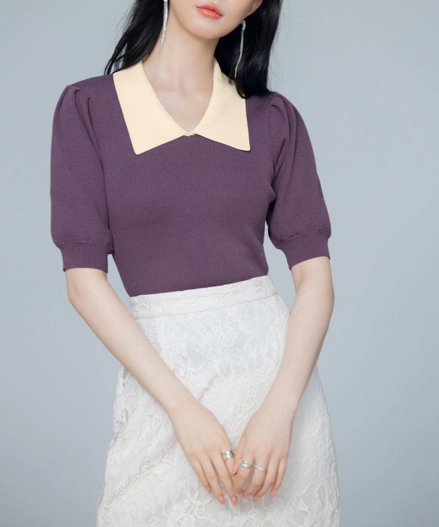 配色カラー二の腕カバーパフスリーブニットプルオーバーsdpxyf6051 パープル