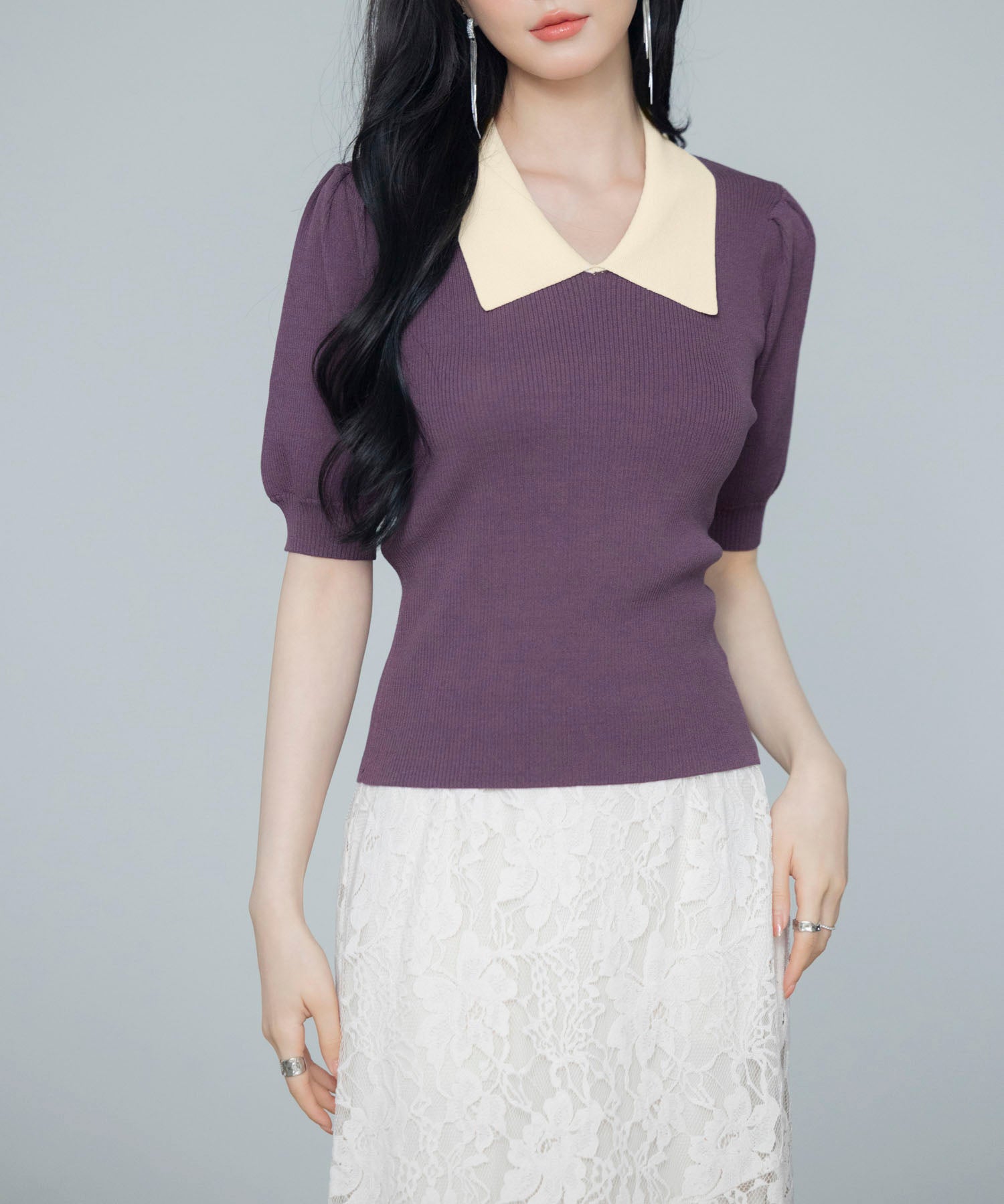 配色カラー二の腕カバーパフスリーブニットプルオーバーsdpxyf6051 パープル