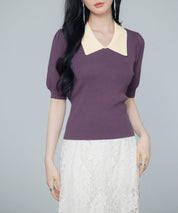 配色カラー二の腕カバーパフスリーブニットプルオーバーsdpxyf6051 パープル