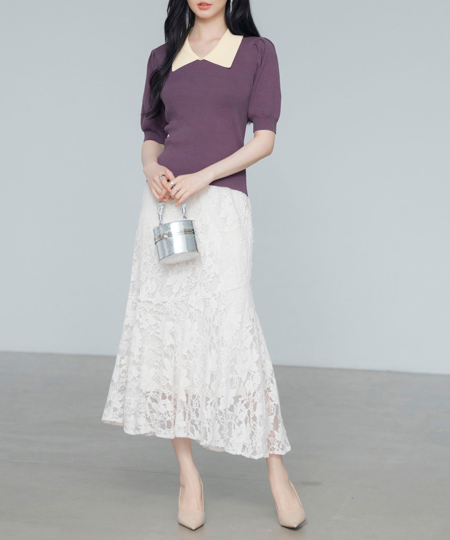 配色カラー二の腕カバーパフスリーブニットプルオーバーsdpxyf6051 パープル