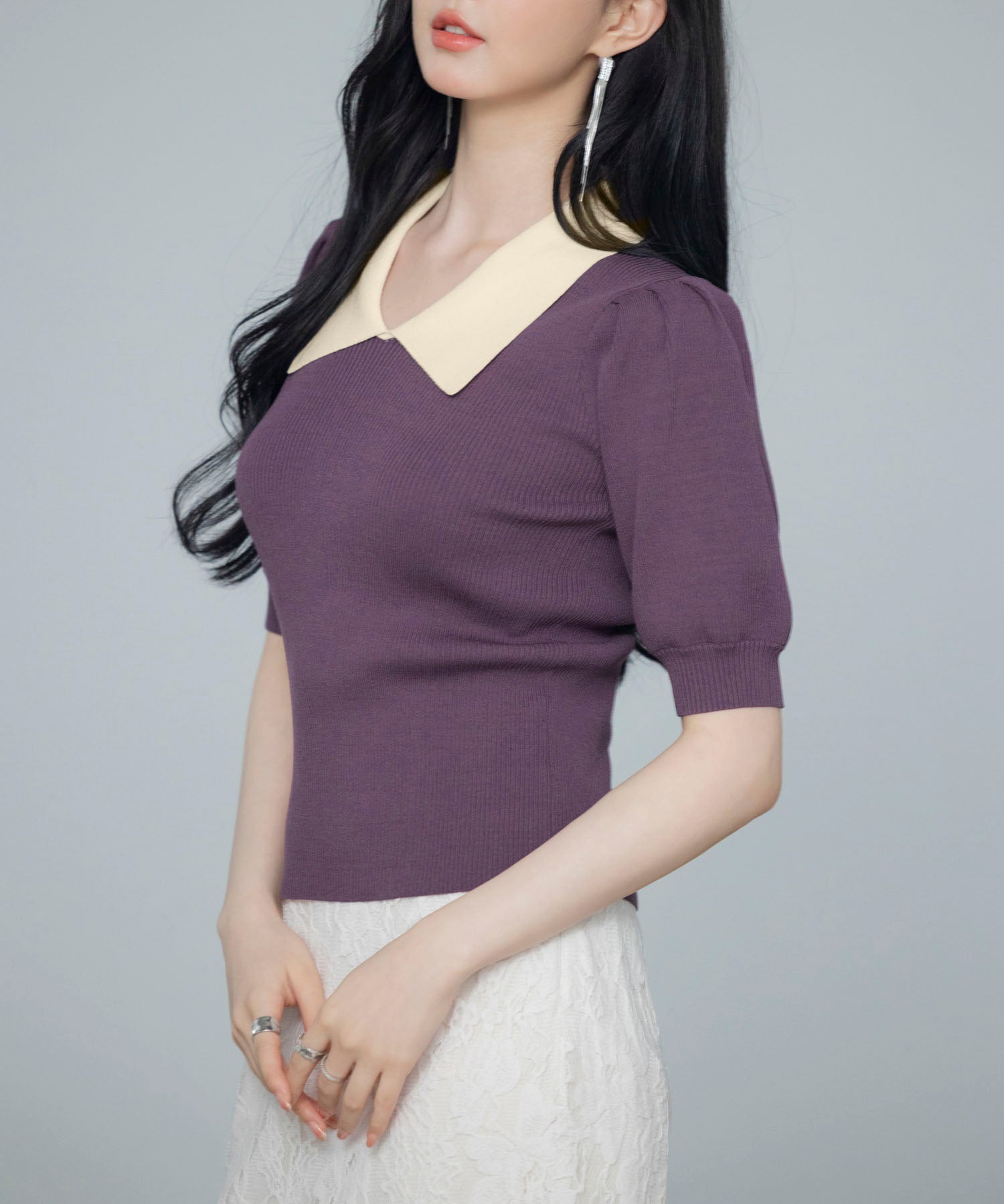 配色カラー二の腕カバーパフスリーブニットプルオーバーsdpxyf6051 パープル