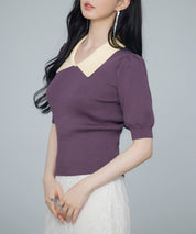 配色カラー二の腕カバーパフスリーブニットプルオーバーsdpxyf6051 パープル