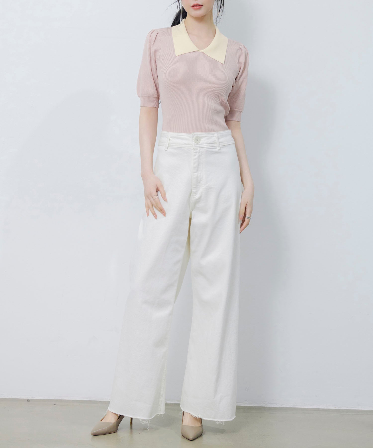 配色カラー二の腕カバーパフスリーブニットプルオーバーsdpxyf6051 ピンク