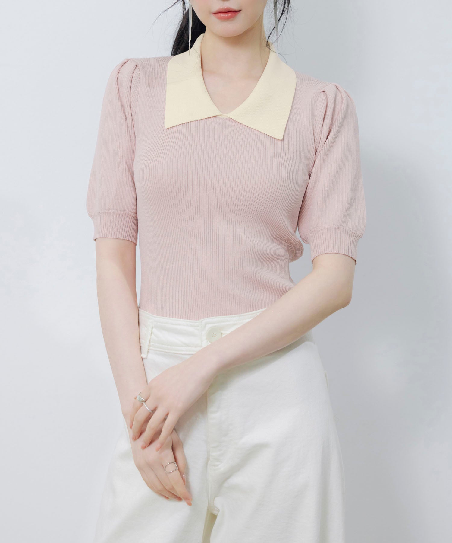 配色カラー二の腕カバーパフスリーブニットプルオーバーsdpxyf6051 ピンク