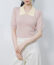 配色カラー二の腕カバーパフスリーブニットプルオーバーsdpxyf6051 ピンク