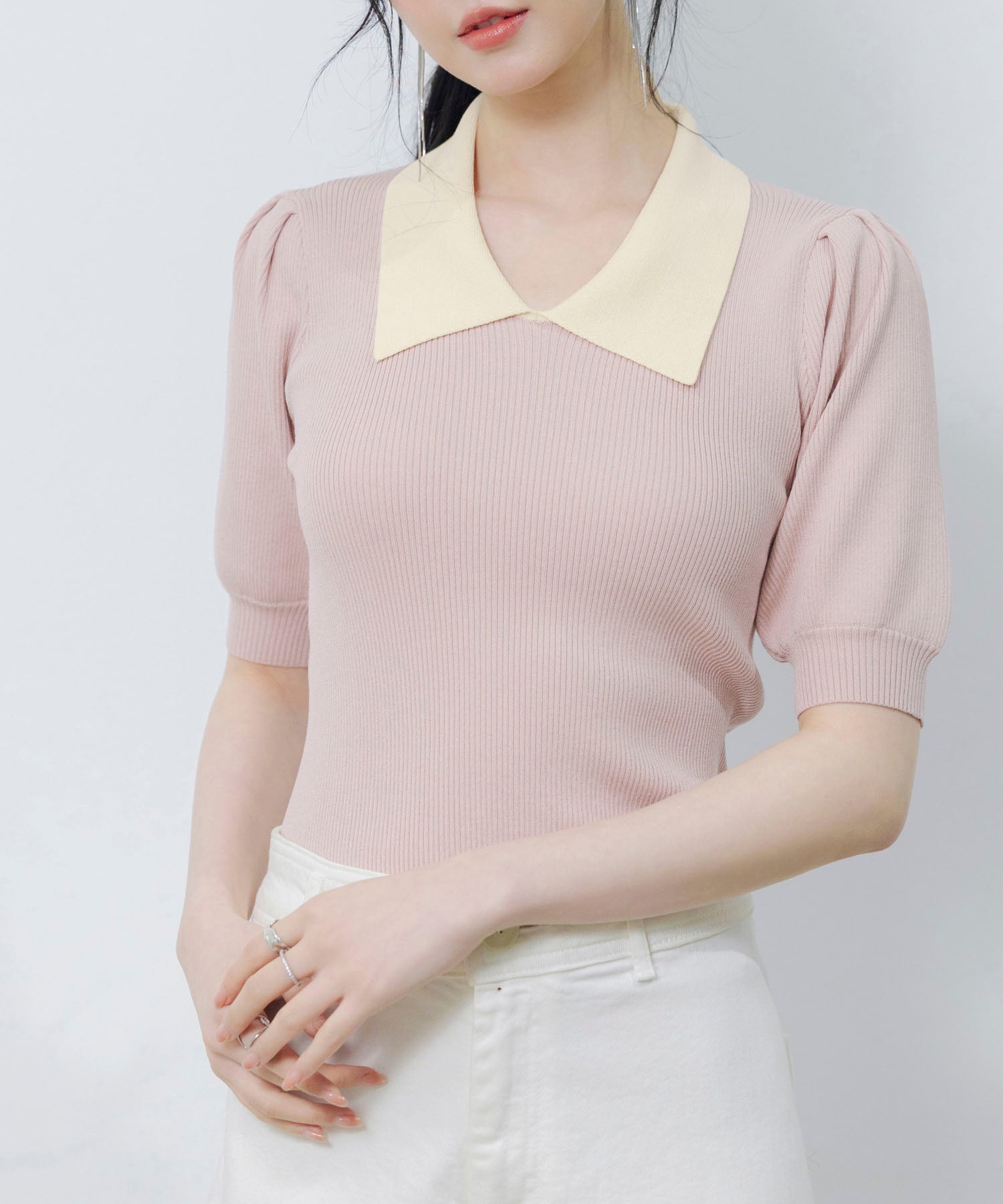 配色カラー二の腕カバーパフスリーブニットプルオーバーsdpxyf6051 ピンク