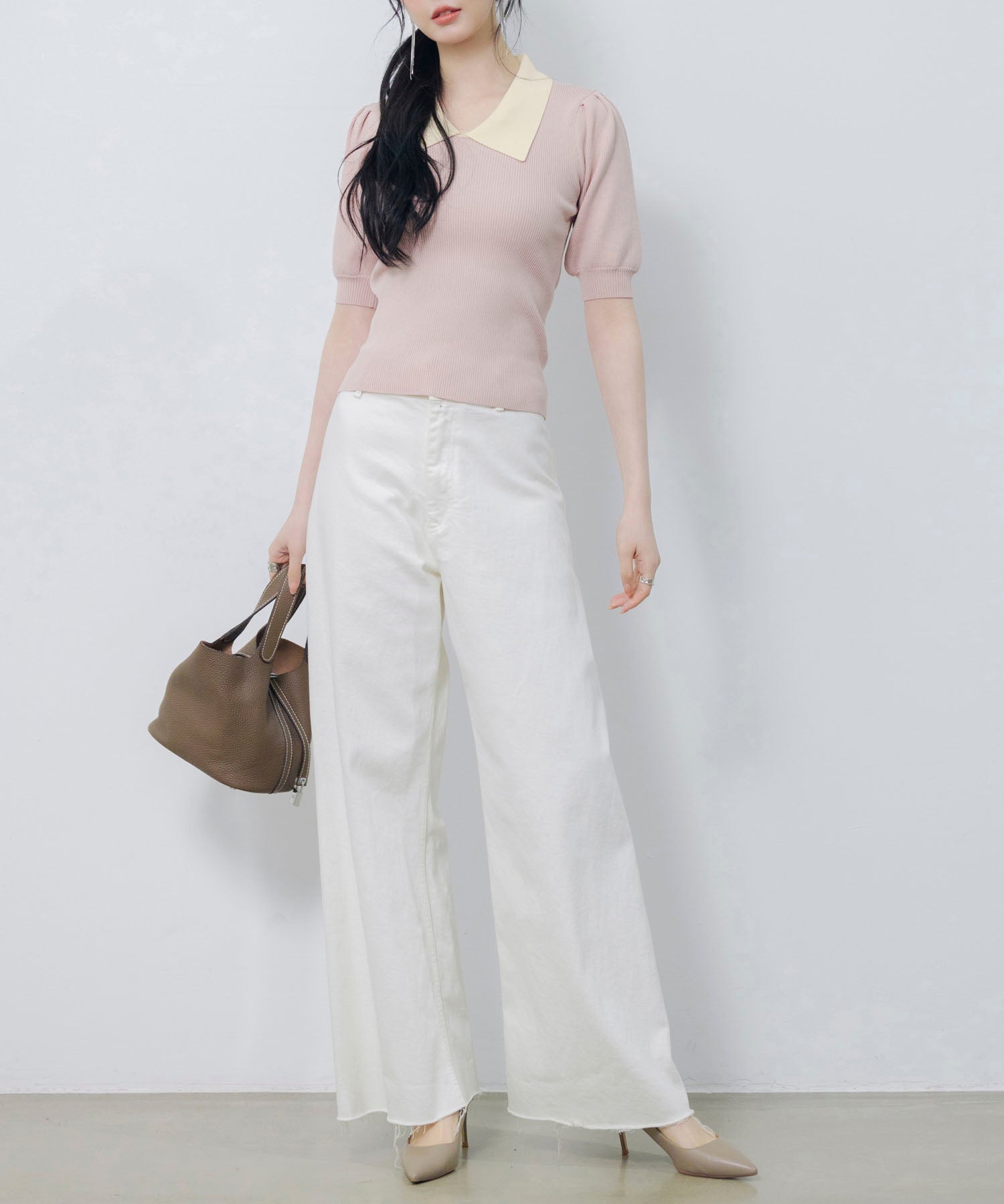 配色カラー二の腕カバーパフスリーブニットプルオーバーsdpxyf6051 ピンク