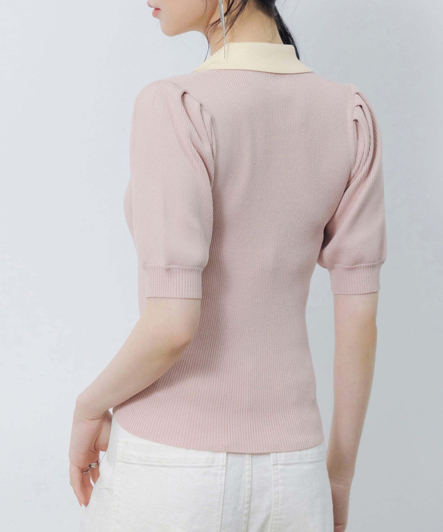 配色カラー二の腕カバーパフスリーブニットプルオーバーsdpxyf6051 ピンク