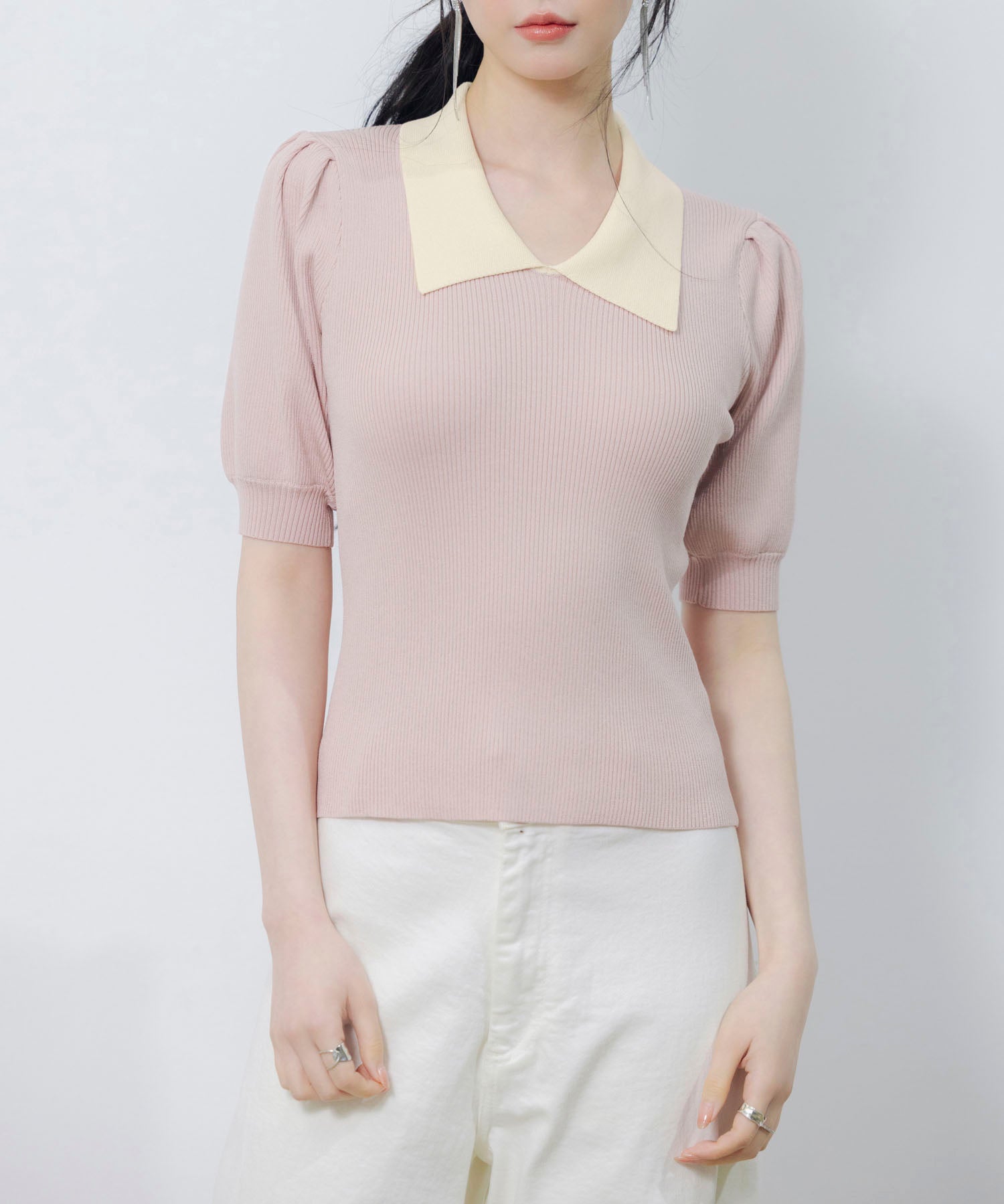 配色カラー二の腕カバーパフスリーブニットプルオーバーsdpxyf6051 ピンク