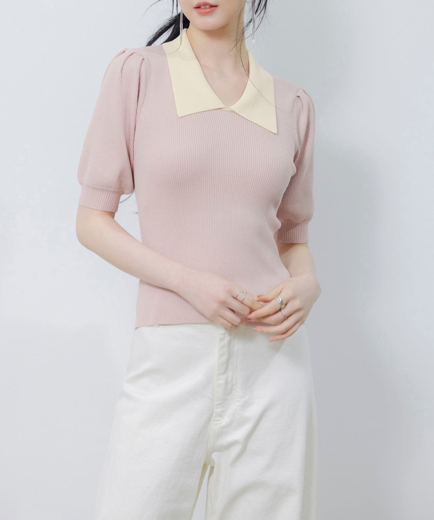 配色カラー二の腕カバーパフスリーブニットプルオーバーsdpxyf6051 ピンク