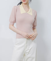 配色カラー二の腕カバーパフスリーブニットプルオーバーsdpxyf6051 ピンク