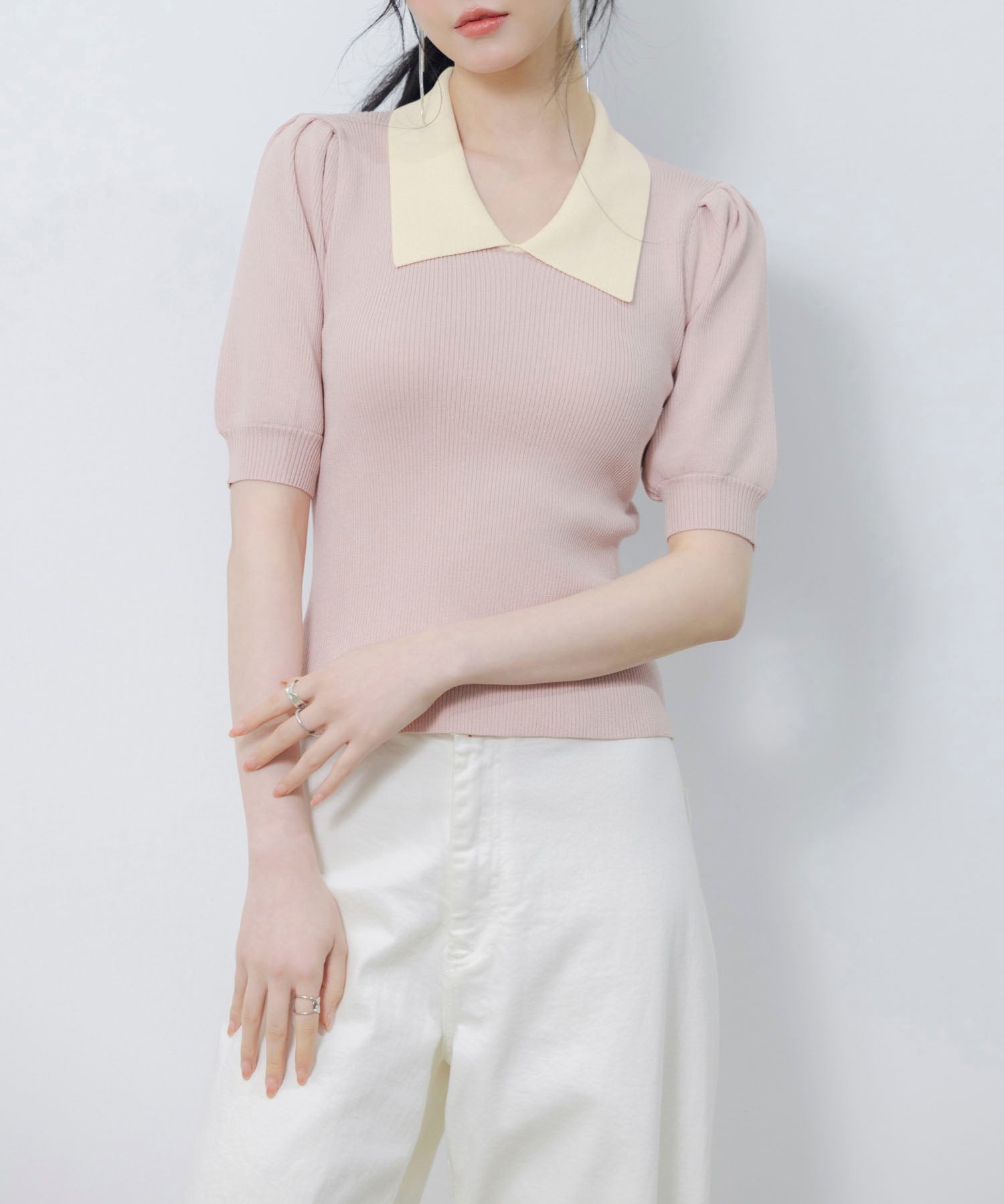 配色カラー二の腕カバーパフスリーブニットプルオーバーsdpxyf6051 ピンク