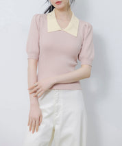 配色カラー二の腕カバーパフスリーブニットプルオーバーsdpxyf6051 ピンク