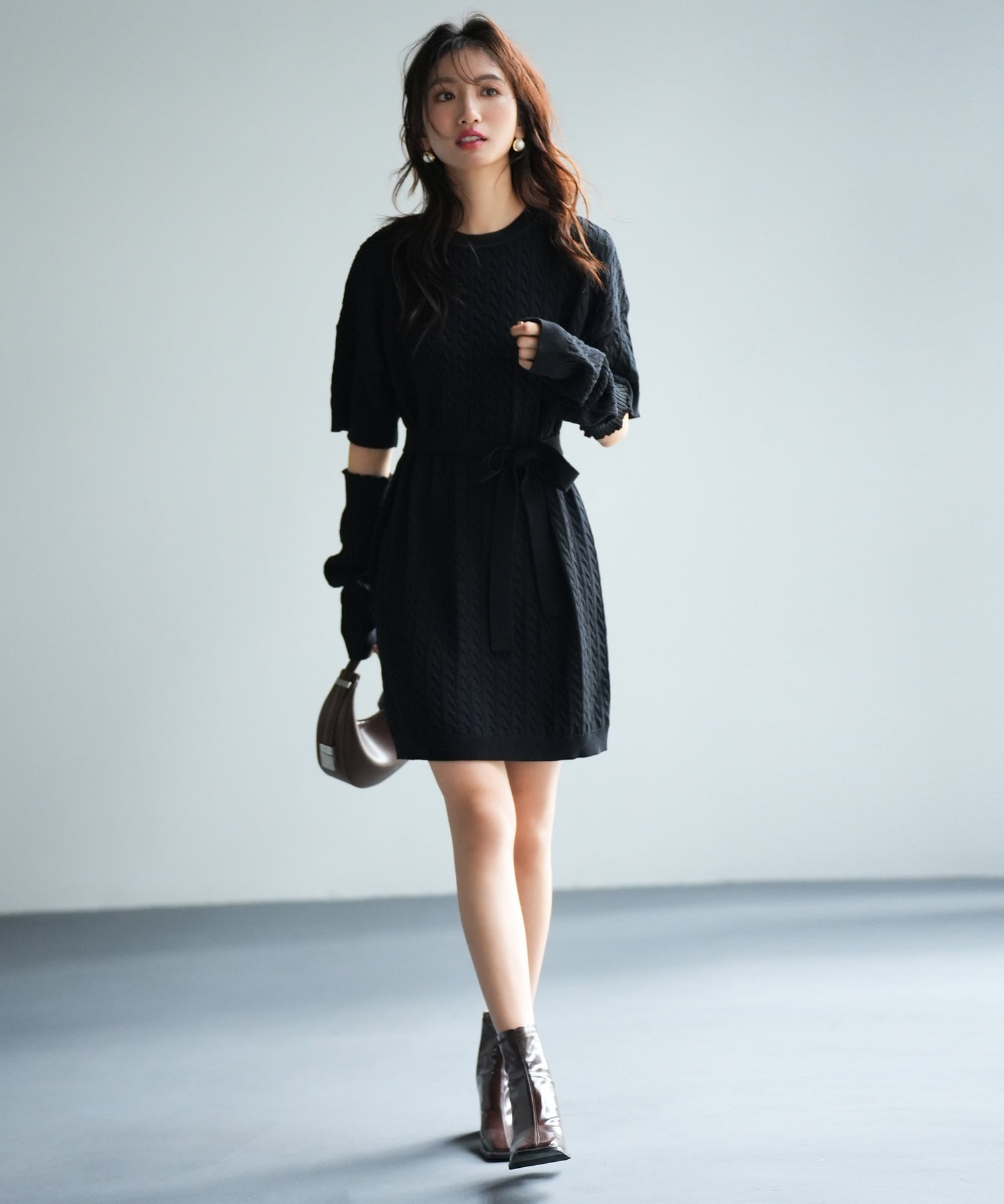 アームウォーマー付き2wayニットミニワンピースsdpxyf6060 ブラック